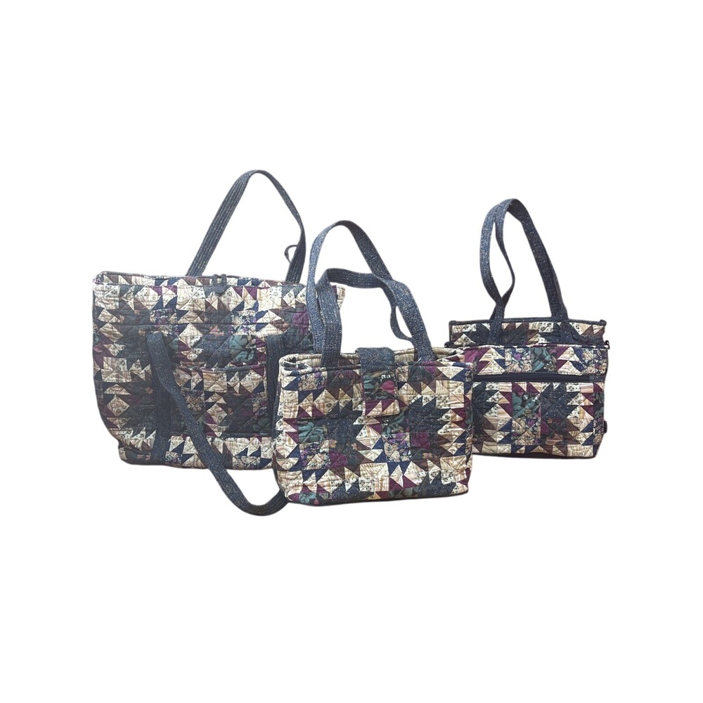 Quilted Patchwork Tote Bag Set 3 Piece Floral Travel Shoulder Handbag Purse